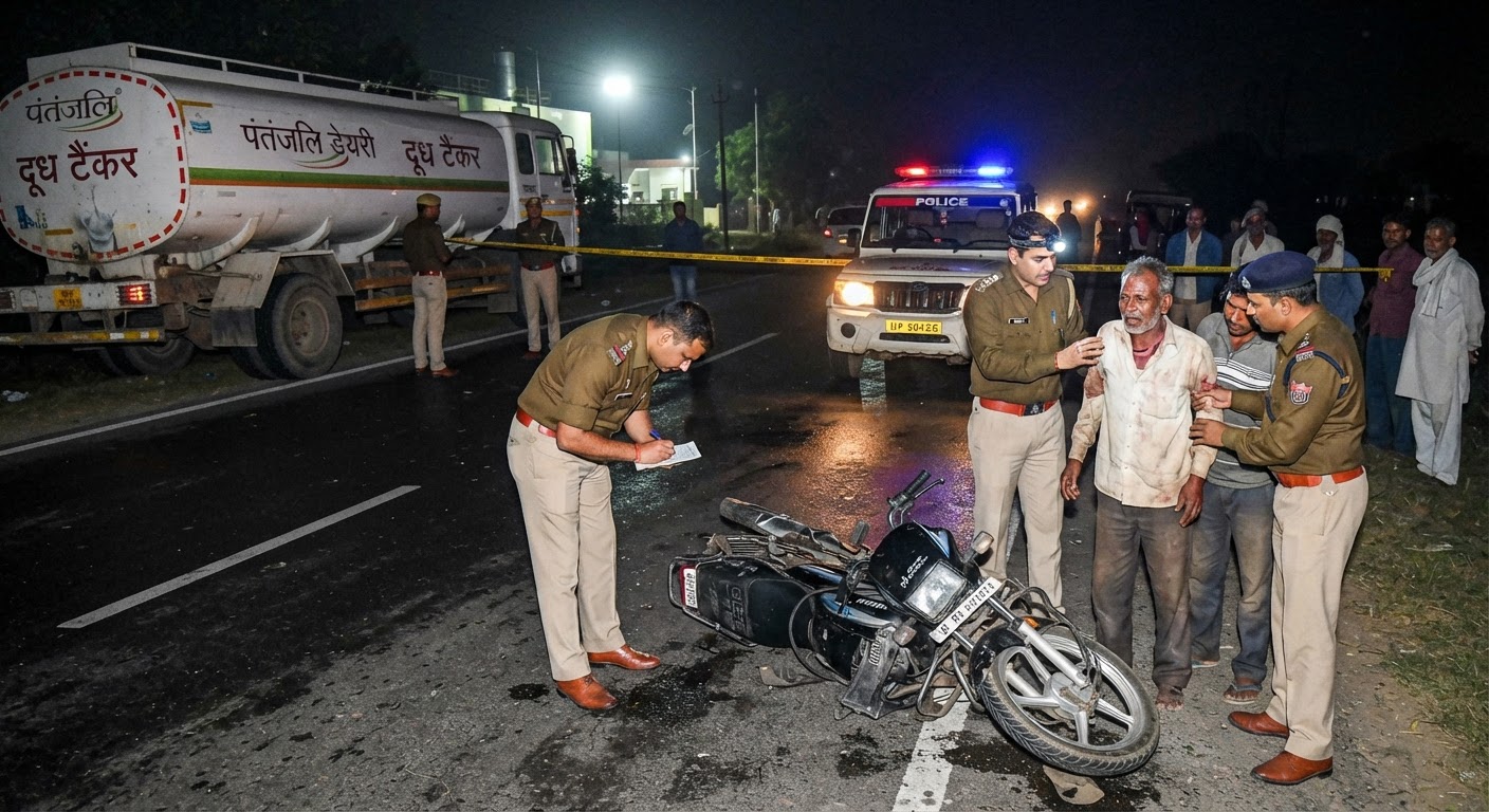 सड़क किनारे खड़ी बाइक को दूध के कैंटर ने मारी जोरदार टक्कर बेटे की मौत और पिता गंभीर घायल